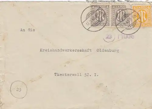 Brief aus Hude/Oldenburg nach Oldenburg 1945, Marke beschädigt