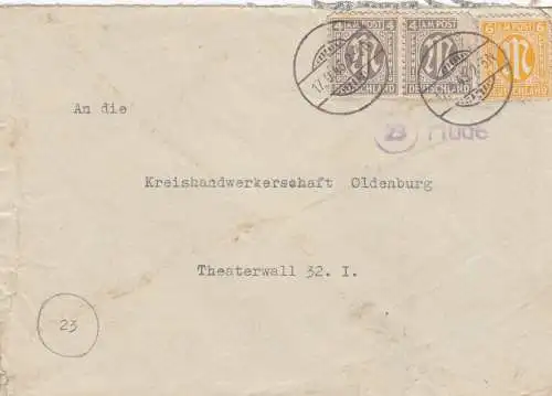 Brief aus Hude/Oldenburg nach Oldenburg 1945, Marke beschädigt