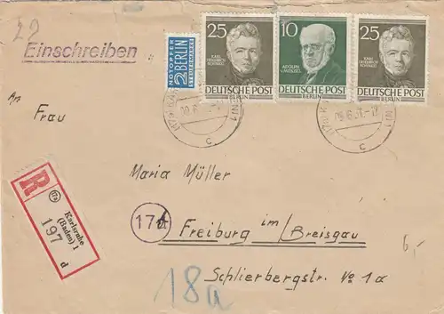 Berlin: Lettre recommandé de Karlsruhe vers Freibug 1954
