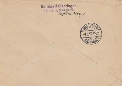 Berlin: Einschreiben aus Karlsruhe nach Freibug 1954