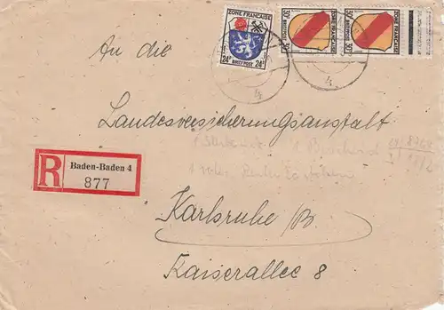 1947: Einschreiben Baden-Baden nach Karlsruhe