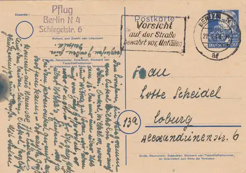 1949: Ganzsache von Berlin nach Coburg, Vorsicht auf der Staße vor Unfällen