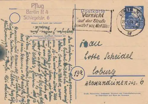 1949: Ganzsache von Berlin nach Coburg, Vorsicht auf der Staße vor Unfällen