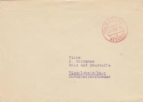 Brief aus Miltenberg 1952 nach Rüsselsheim, Gebühr bezahlt
