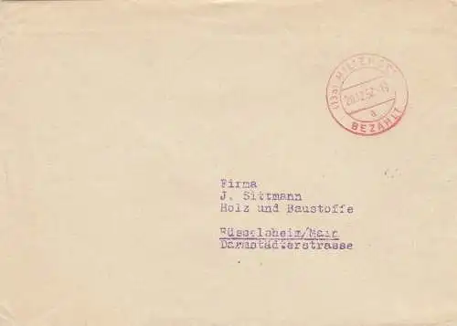 Brief aus Miltenberg 1952 nach Rüsselsheim, Gebühr bezahlt