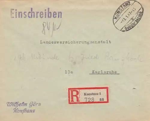 Brief aus Konstanz 1947 als Einschreiben nach Karlsruhe, Gebühr bezahlt