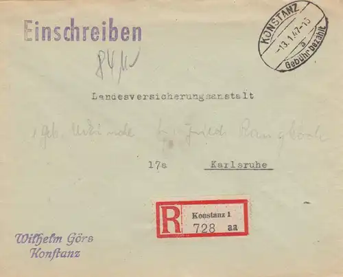 Lettre de Constance 1947 en lettre recommandée à Karlsruhe, frais payés