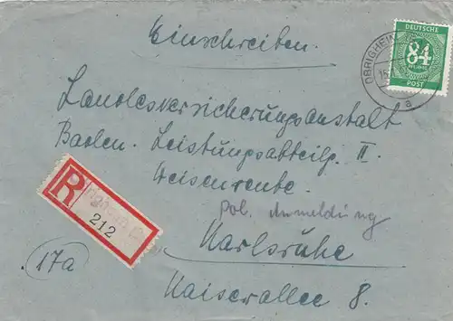Einschreiben Obrigheim 1947 nach Karlsruhe