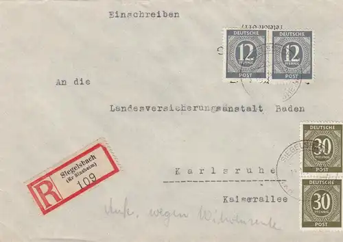 Einschreiben Siegelsbach/Sennsheim 1947 nach Karlsruhe
