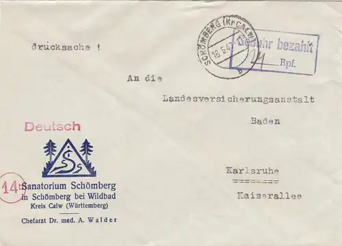 Einschreiben Schömberg bei Wildbad/Calw, 1947, Gebühr bezahlt,  nach Karlsruhe