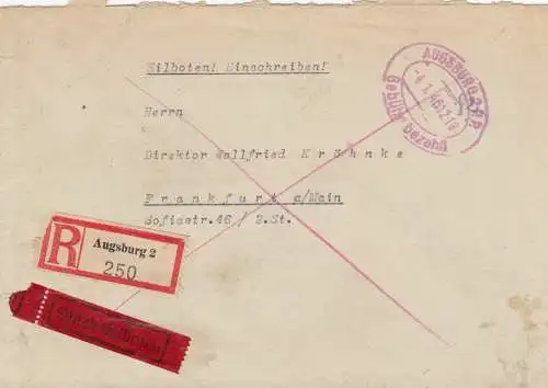 Einschreiben Eilbote Gersthofen Augsburg 1946, Gebühr bezahlt,  nach Frankfurt/M