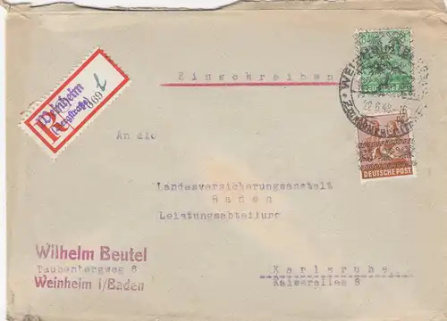 Rescription Weinheim/Bergstraße vers Karlsruhe 1948