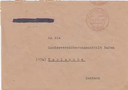 Brief St. Wendel, Gebühr bezahlt 1946 nach Karlsruhe