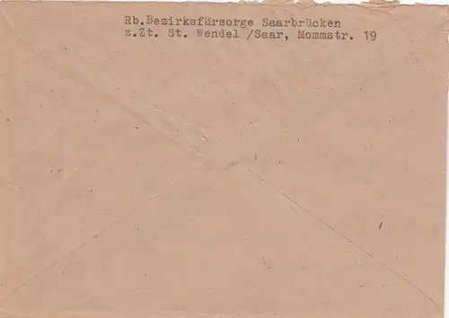 Brief St. Wendel, Gebühr bezahlt 1946 nach Karlsruhe