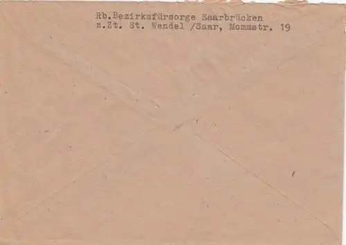 Brief St. Wendel, Gebühr bezahlt 1946 nach Karlsruhe