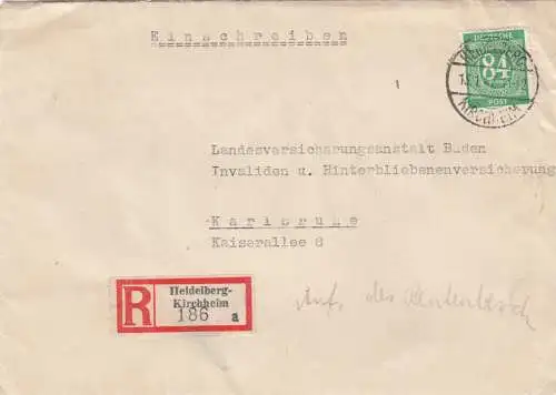 Einschreiben Heidelberg-Kirchheim 1947 nach Karlsruhe