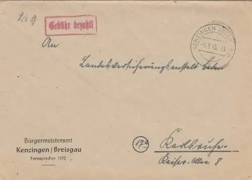 Brief 1946 von Kenzingen/Breisgau, Gebühr bezahlt, nach Karlsruhe