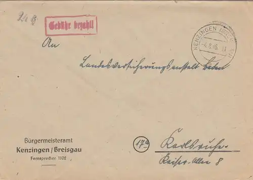 Lettre de Kenzingen/Breisgau en 1946, payant, à Karlsruhe