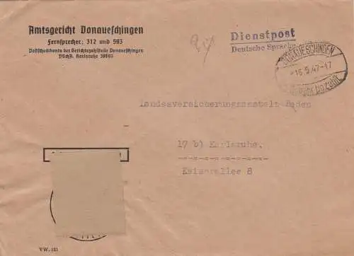 Brief 1947 Amtsgericht Donaueschingen, Gebühr bezahlt, nach Karlsruhe