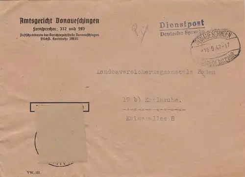 Lettre 1947 tribunal de l'arrondissement Donaueschingen, frais payés, à Karlsruhe