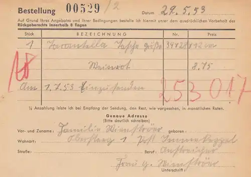 Carte postale 1953 Immekeppel/Köln vers Celle