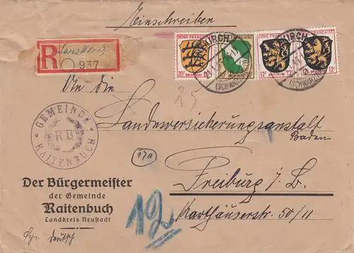 Einschreiben Lenzkirch, Gemeinde Raitenbuch 1946 nach Freiburg