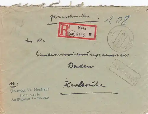 Einschreiben Naila, Gebühr bezahlt 1946 nach Karlsruhe