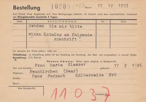 Carte postale de Neunkirchen 1953 à Celle