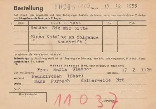 Postkarte Neunkirchen 1953 nach Celle