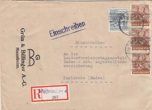 Einschreiben Mannheim 1948 nach Karlsruhe
