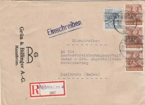 Einschreiben Mannheim 1948 nach Karlsruhe