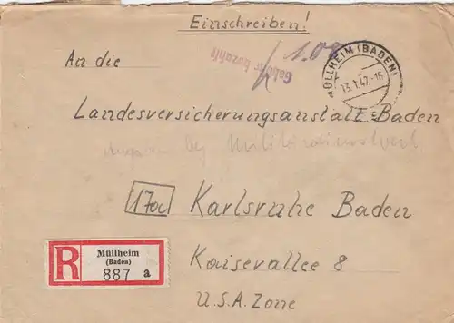 Einschreiben 1947 Müllheim/Baden nach Karlsruhe, Gebühr bezahlt