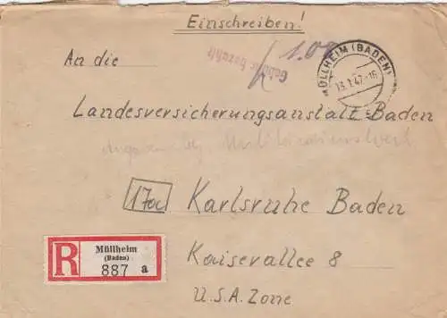 Einschreiben 1947 Müllheim/Baden nach Karlsruhe, Gebühr bezahlt