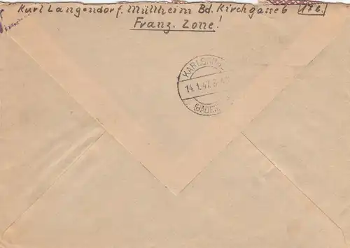 Inscription 1947 Müllheim/Baden vers Karlsruhe, frais payés
