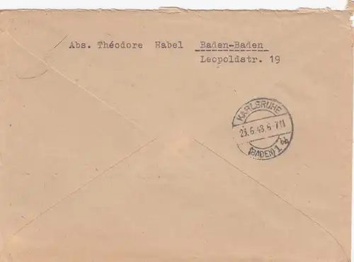 Inscription 1948 Baden-Baden vers Karlsruhe