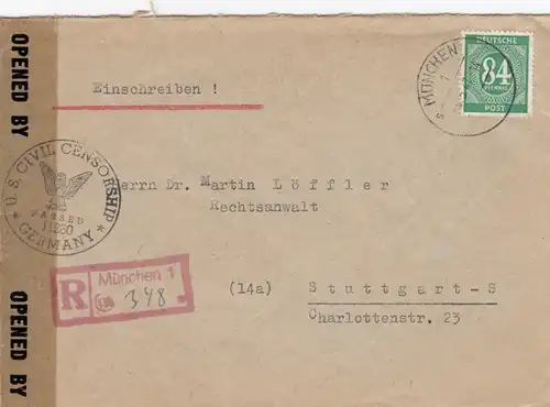 Einschreiben München 1947 nach Stuttgart mit Zensur