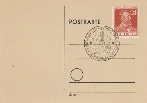 1948 Carte postale Munich, Congrès Espéranto