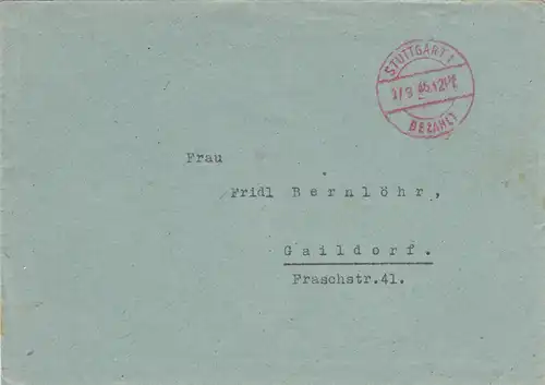 Lettre Stuttgart 1946 à Gaildorf, frais payés