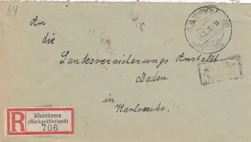 Einschreiben Kleinkrems/Markgräflerland 1946 nach Karlsruhe, Gebühr bezahlt