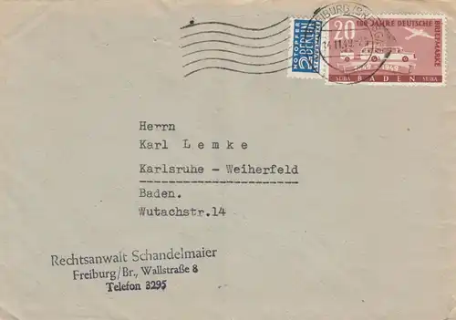 Lettre de Fribourg en 1949 à Karlsruhe