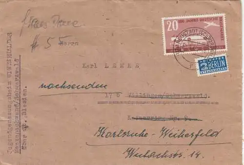 Brief 1949 aus Menzenschwand/Schwarzwald nach Karlsruhe