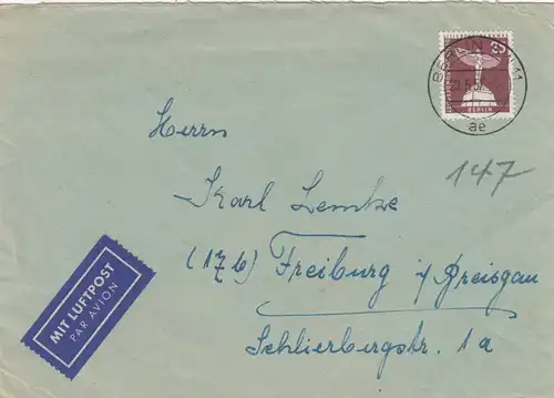 Lettre 1957: Aéroport de Berlin à Fribourg
