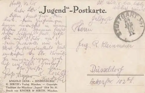 Ansichtskarte Hindenburg: Feldpost Stuttgart 1915 nach Düsseldorf