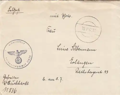 Lettre FP No 11836 après l'obtention 1941 avec le contenu de la lettre
