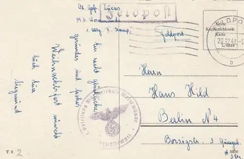 Weihnachtskarte Feldpost 1941 M.S. Wesermünde Marineschule nach Berlin