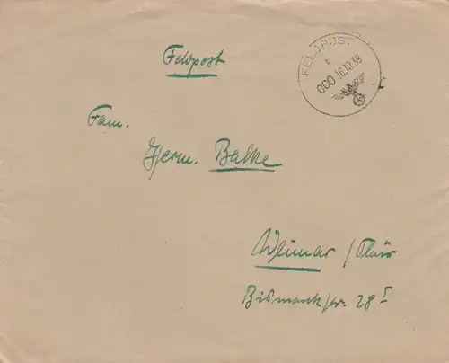 Feldpost  16.10.1939, FPNr. 26117 nach Weimar
