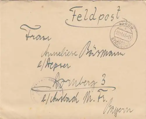 Feldpost Parow/Stralsund 1943 nach Dornsberg /Ansbach mit Briefinhalt, 