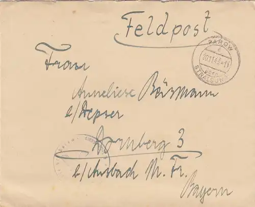 Feldpost Parow/Stralsund 1943 vers Dornsberg /Ansbach avec contenu de la lettre,