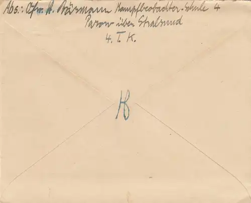 Feldpost Parow/Stralsund 1943 vers Dornsberg /Ansbach avec contenu de la lettre,