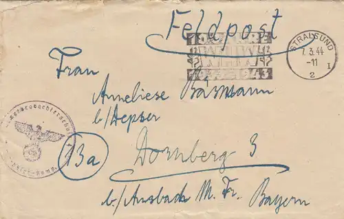 Feldpost Stralsund 1944 vers Dornsberg /Ansbach avec contenu de lettre, WHW 10 ans